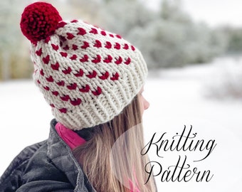 KNITTING PATTERN // Wild Hearts Beanie // Fair Isle Hat  // Valentine Hat // Beginner Knitter // Knit Hat Pattern // Quick Knit Pattern