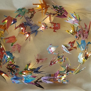 Mini (3x3) Origami Peace Crane String Lights, 60 Hand-folded Cranes, 10' strand of lights, timer option, one-of-a-kind, Batteries+shipping