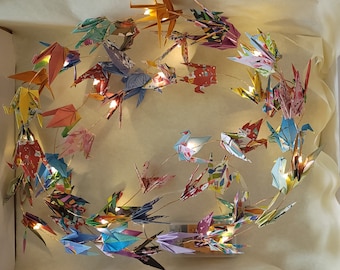 Mini (3x3) Origami Peace Crane String Lights, 60 Hand-folded Cranes, 10' strand of lights, timer option, one-of-a-kind, Batteries+shipping