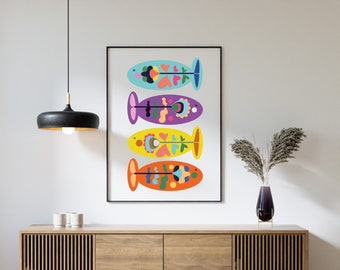 Vismuurkunst uit het midden van de eeuw – Kleurrijke vissenprint
