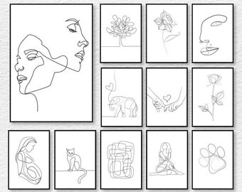 May include: A collection of framed black and white line art prints. The art includes minimalist drawings of faces, flowers, animals, and human figures. The prints are displayed on a white wall.