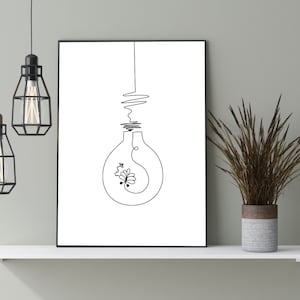 Dibujo de bombilla minimalista con garabatos, ilustración de una línea de bombillas, arte de pared, decoración del hogar