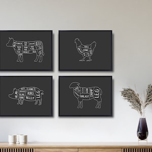 Set of 4 Butcher Prints, Butcher Chart, Butcher Posters, Butcher Guide, Meat Cuts Print, Butcher Diagram, Kitchen Art