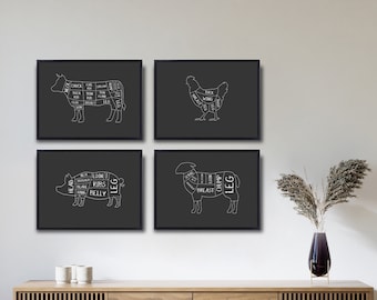 Set of 4 Butcher Prints, Butcher Chart, Butcher Posters, Butcher Guide, Meat Cuts Print, Butcher Diagram, Kitchen Art