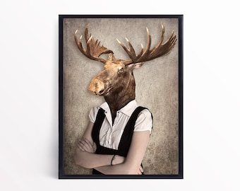 Vintage Moose Portrait Print, Animal Head Human Body Art