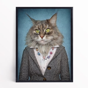 Cat Vintage Portrait, Wintage Cat Poster, Cat Animal Lover Home Decor, Altered Cat Art Print, Animal Head Human Body, Cat Lover Gift Ideas