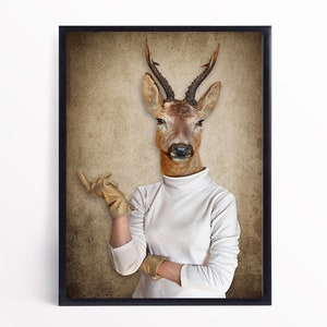 Deer Vintage Portrait, Wintage Deer Poster, Deer Animal Lover Home Decor, Altered Deer Print, Animal Head Human Body, Safari Poster, Hunter