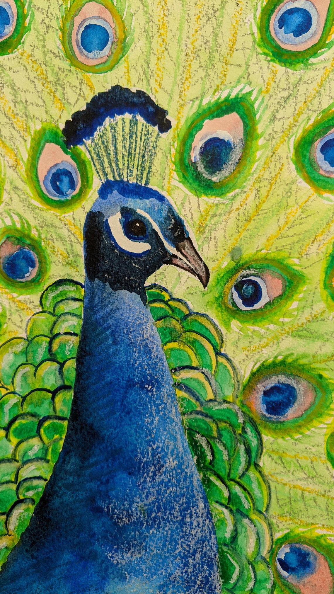 Peacock Original Watercolour and Oil Pastel Art | Etsy