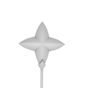 May include: A white, four-pointed star-shaped ornament with a long, thin stem. The ornament is made of paper and has a simple, elegant design.