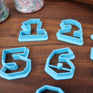 May include: A set of blue plastic cookie cutters shaped like the numbers 1 through 7. The cutters are on a wooden surface.