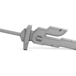 May include: A silver-colored sword with a sharp point and a textured handle. The sword has a unique design with a double-edged blade and a decorative hilt.