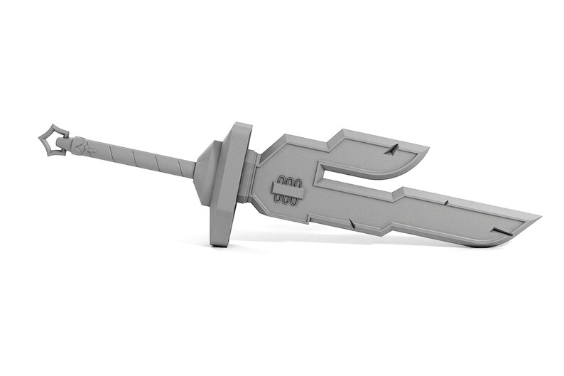 May include: A silver-colored sword with a sharp point and a textured handle. The sword has a unique design with a double-edged blade and a decorative hilt.