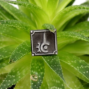 May include: A silver metal pin with a black background and a stylized design of a sword and a circle with a star inside. The pin is on a green succulent plant.