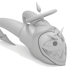 May include: A white, 3D-printed model of a cartoonish devil with horns, a toothy grin, and large eyes. The devil is wearing a steering wheel on its head and has a small drop of liquid above it.