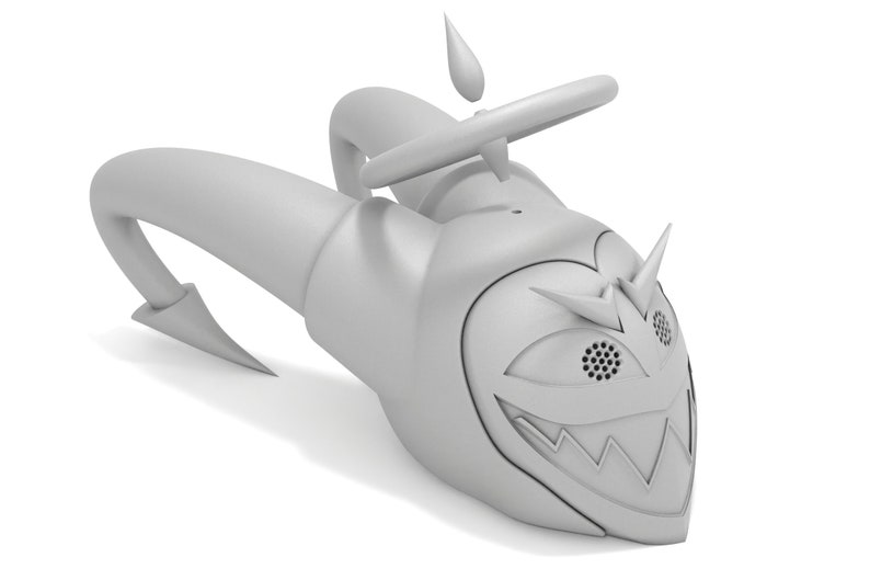 May include: A white, 3D-printed model of a cartoonish devil with horns, a toothy grin, and large eyes. The devil is wearing a steering wheel on its head and has a small drop of liquid above it.