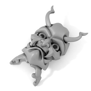 May include: A gray, detailed, 3D printed mask with horns and a fierce expression. The mask is designed to resemble a demon or oni.
