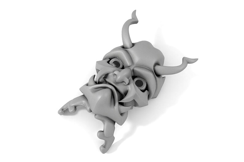 May include: A gray, detailed, 3D printed mask with horns and a fierce expression. The mask is designed to resemble a demon or oni.