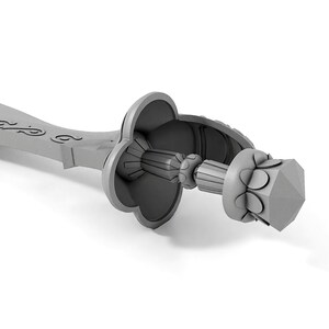 May include: A silver-colored sword with a decorative handle and a pointed tip. The handle is ornate and features a design of interlocking circles.