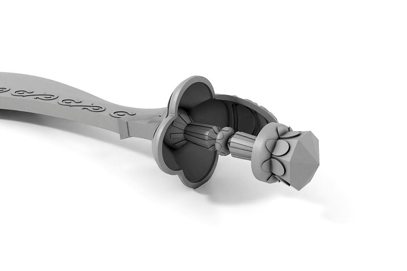 May include: A silver-colored sword with a decorative handle and a pointed tip. The handle is ornate and features a design of interlocking circles.