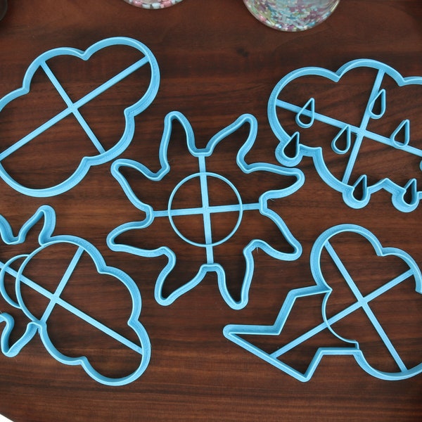 Forecasted Weather Cookie Cutters, Set 1 - Cloudy Overcast, Partly Cloudy, Rainy Skies, Sunny Weather, Thunder Storm Cutters