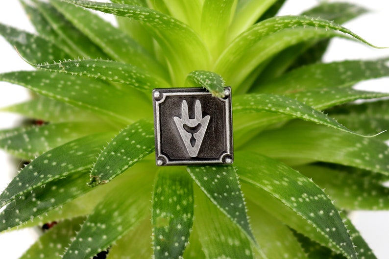 Op de afbeelding: Een zilverkleurige metalen pin met een zwarte achtergrond en een gestileerd handontwerp. De pin zit op een groene vetplant.