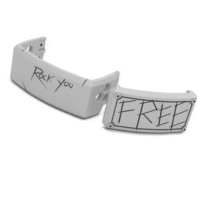 May include: Two-piece, light gray, curved metal object with the words "Rock You" and "FREE" in black, handwritten-style lettering. The object has a modern, industrial design with visible screw heads and a minimalist aesthetic.