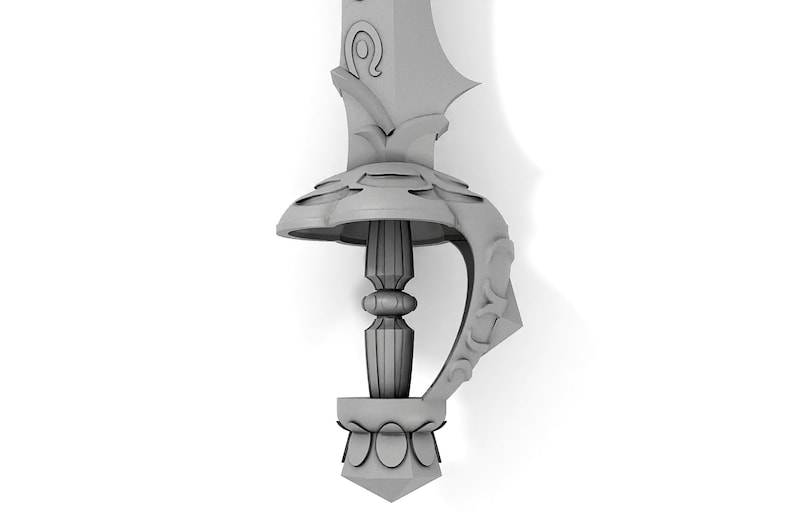 May include: A detailed close-up of a silver sword hilt with intricate carvings and a decorative guard.