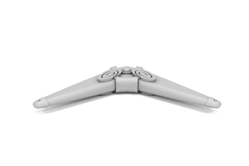 Puede incluir: Un boomerang de pl&aacute;stico blanco con forma redondeada y una bisagra central. El boomerang tiene un acabado liso y mate.
