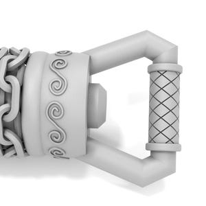 May include: A white, 3D printed model of a decorative handle with a chain-link design, a swirl pattern, and a diamond-shaped grip.