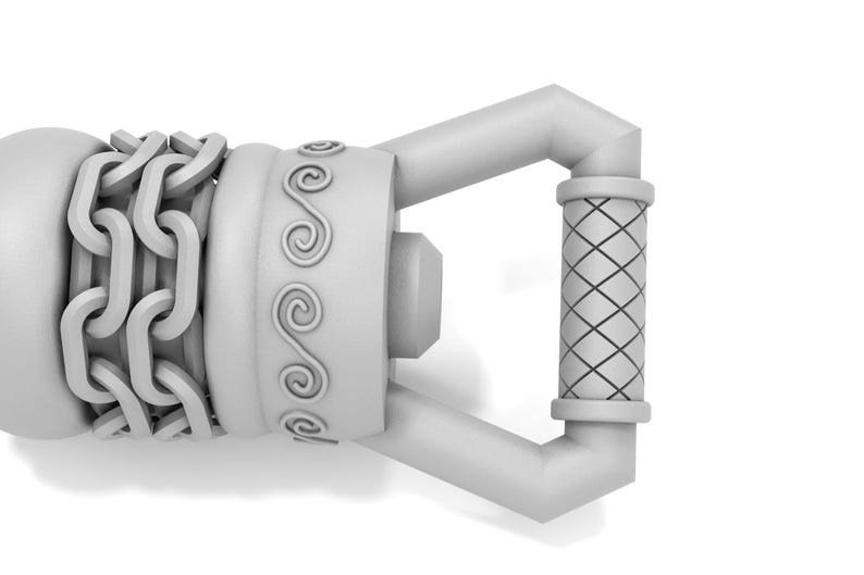 May include: A white, 3D printed model of a decorative handle with a chain-link design, a swirl pattern, and a diamond-shaped grip.