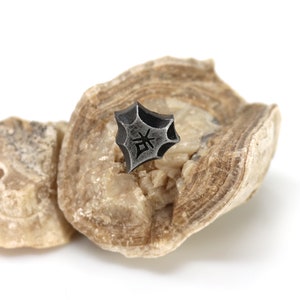 May include: A black metal star-shaped pendant with a symbol in the center, resting on a piece of light brown rock.