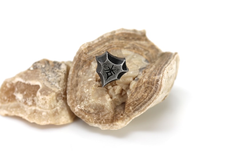 May include: A black metal star-shaped pendant with a symbol in the center, resting on a piece of light brown rock.