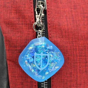 May include: A blue resin charm with a silver shield design and iridescent glitter inside. The charm is attached to a silver zipper pull.