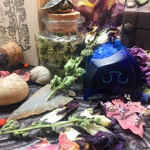 May include: A blue glass pendant with a symbol on it, surrounded by dried flowers and other natural elements. The pendant is on a dark background.