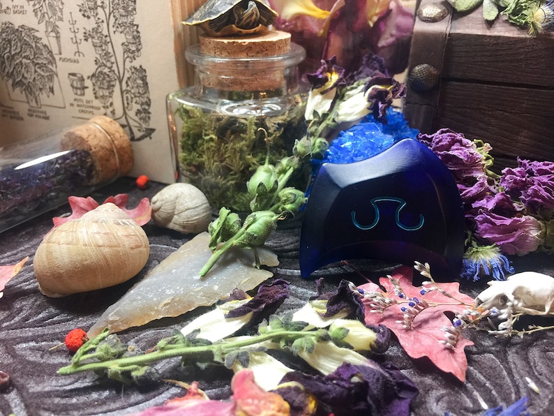 May include: A blue glass pendant with a symbol on it, surrounded by dried flowers and other natural elements. The pendant is on a dark background.