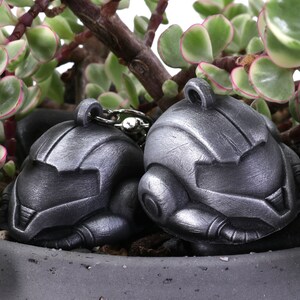 Puede incluir: Dos llaveros de metal de color plateado con forma de casco. Los llaveros est&aacute;n sobre una maceta de plantas verdes con bordes rosados.