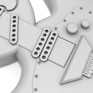 Puede incluir: Una guitarra el&eacute;ctrica blanca con una forma de cuerpo &uacute;nica, que presenta m&uacute;ltiples botones y una pastilla de puente. La guitarra tiene un acabado blanco y un hardware cromado.