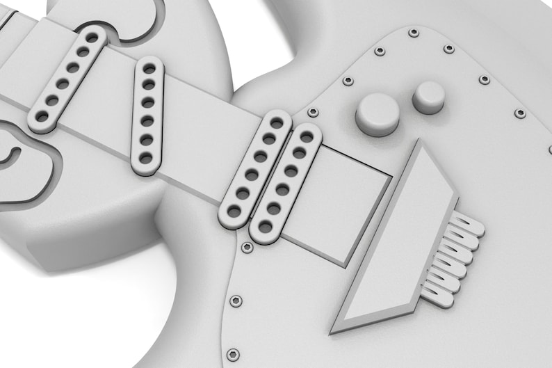 Puede incluir: Una guitarra el&eacute;ctrica blanca con una forma de cuerpo &uacute;nica, que presenta m&uacute;ltiples botones y una pastilla de puente. La guitarra tiene un acabado blanco y un hardware cromado.