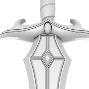 May include: A white sword with a detailed hilt and a decorative blade. The hilt features curved elements and an oval-shaped accent. The blade has a diamond-shaped design in the center.