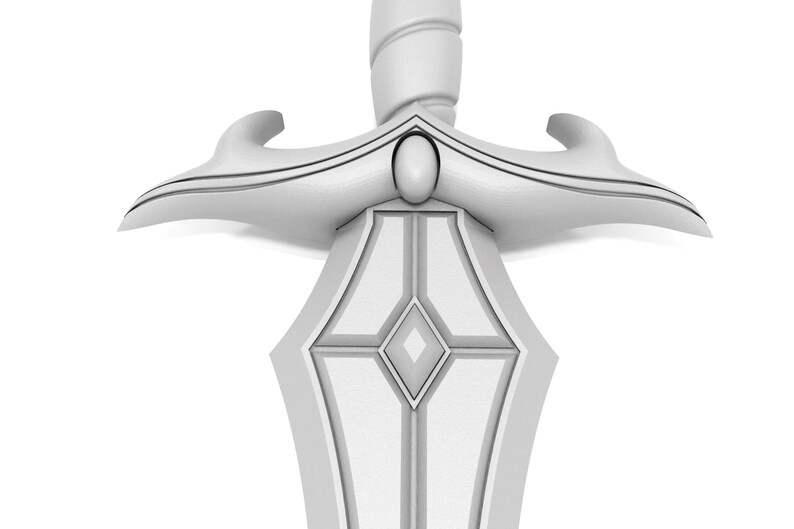 May include: A white sword with a detailed hilt and a decorative blade. The hilt features curved elements and an oval-shaped accent. The blade has a diamond-shaped design in the center.
