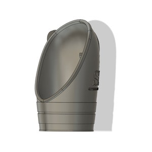 May include: A light gray, 3D-printed object with a curved, open top and a cylindrical base. The object has a smooth surface and a small, rounded protrusion on the side. The letters "SN" are visible on the side.