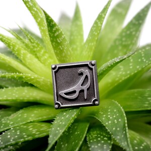 May include: A silver metal pin with a square frame and a raised design of a high-heeled shoe inside. The pin is sitting on a green succulent plant.