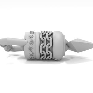 May include: A white metal decorative object with a chain and a pointed tip. The object has a decorative pattern on the side.