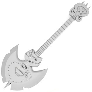 Puede incluir: Una guitarra el&eacute;ctrica blanca con forma de hacha con una cruz en la pala. La guitarra tiene una punta afilada en la parte inferior de la hoja del hacha.