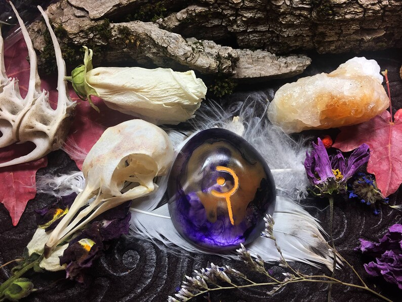 May include: A purple and gold resin cabochon with a symbol on a white feather, surrounded by dried flowers, a bird skull, and a piece of orange calcite.