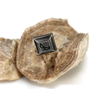 May include: A small, square, silver-coloured pendant with a black design on a rock background.