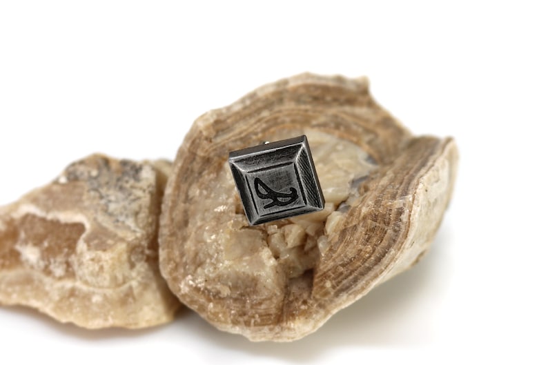 May include: A small, square, silver-coloured pendant with a black design on a rock background.