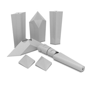 May include: A set of five white geometric shapes, including a long, cylindrical shape, a triangular prism, and three square prisms. The shapes are made of a smooth, white material.