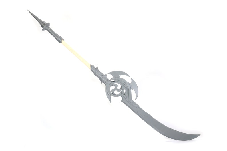 May include: A silver-colored fantasy spear with a curved blade and intricate details. The spear has a long, thin shaft and a pointed tip.