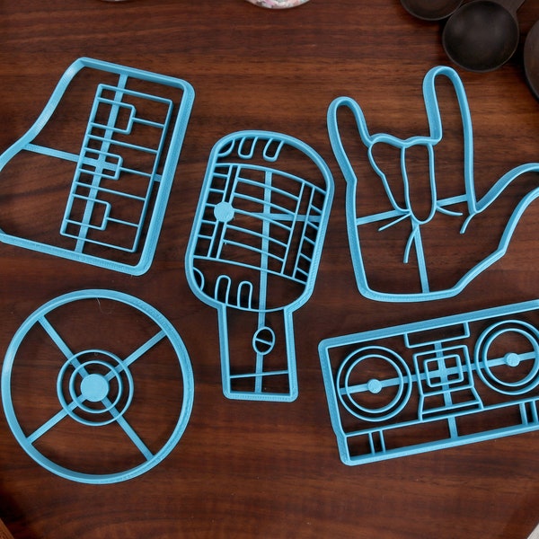 Rock n Roll Cookie Cutters - Boombox, Electronic Piano, Hand Horns, Vinyl Record, Microphone - Musician Gift